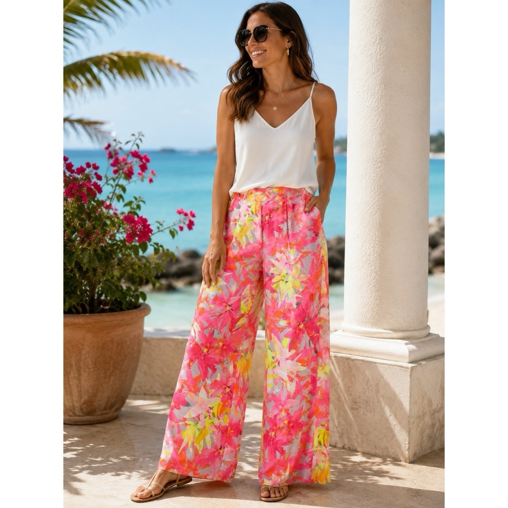 Trina Turk Size 6 Wide Leg Floral Pants Pink Yellow Tropical Resort Palazzo